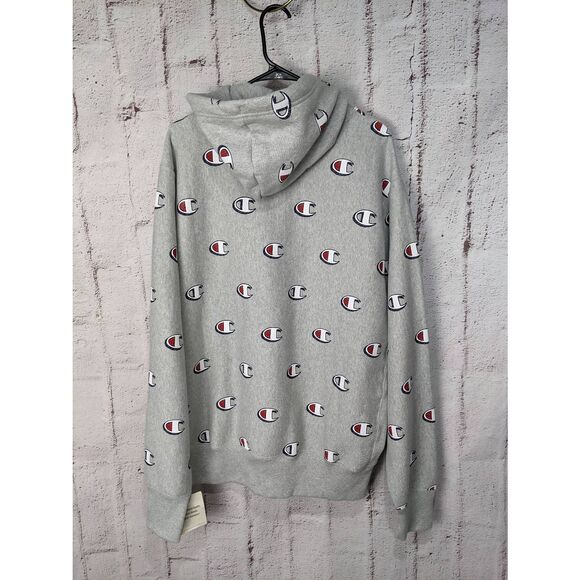 Champion Logo All Over Reverse Weave Hoodie Sweatshirt Gray XL Extra Large New R - Picture 3 of 7